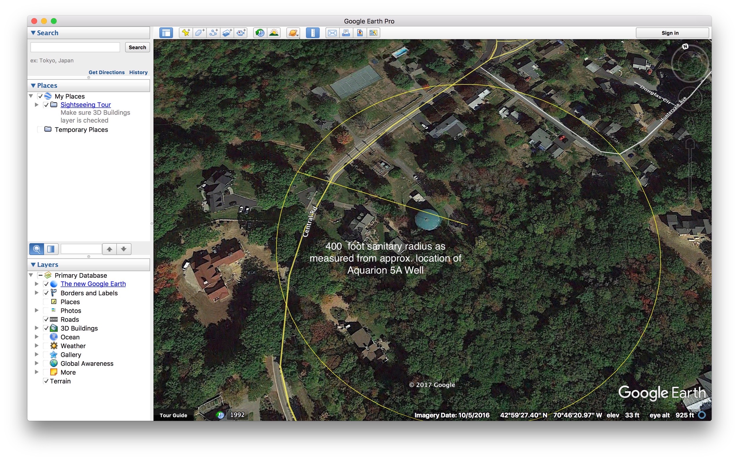 A satellite image of the location of an apartment complex.
